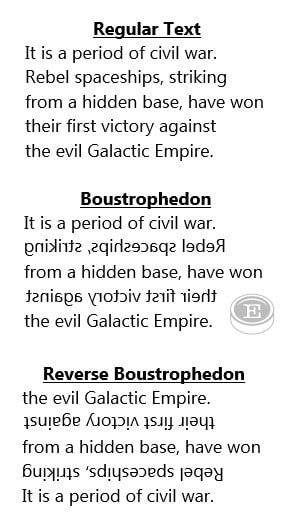 Star Wars opening crawl in regular text, boustrophedon, and reverse boustrophedon