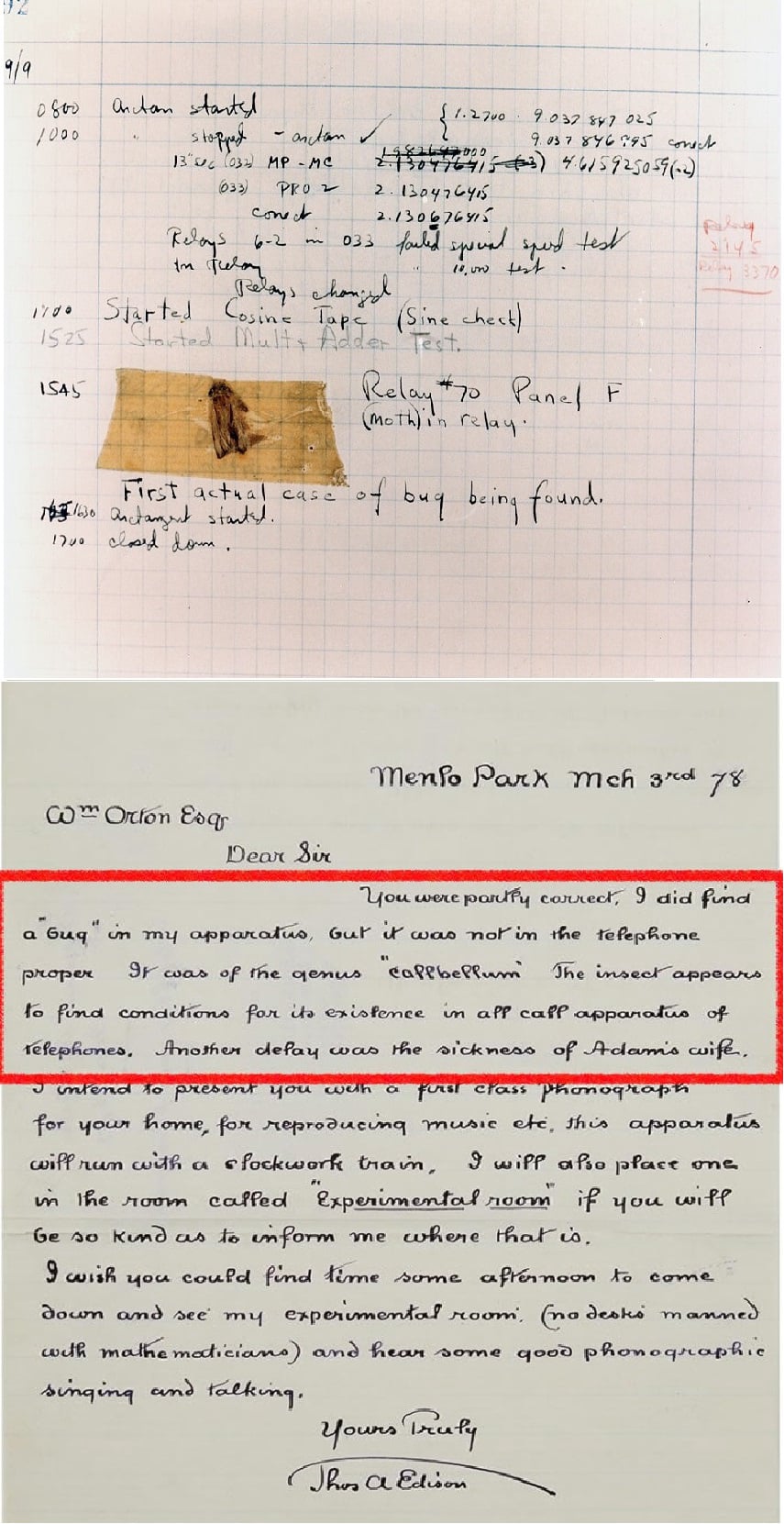 Moth in 1947 Harvard Mark II logbook and Thomas Edison letter using term "bug"